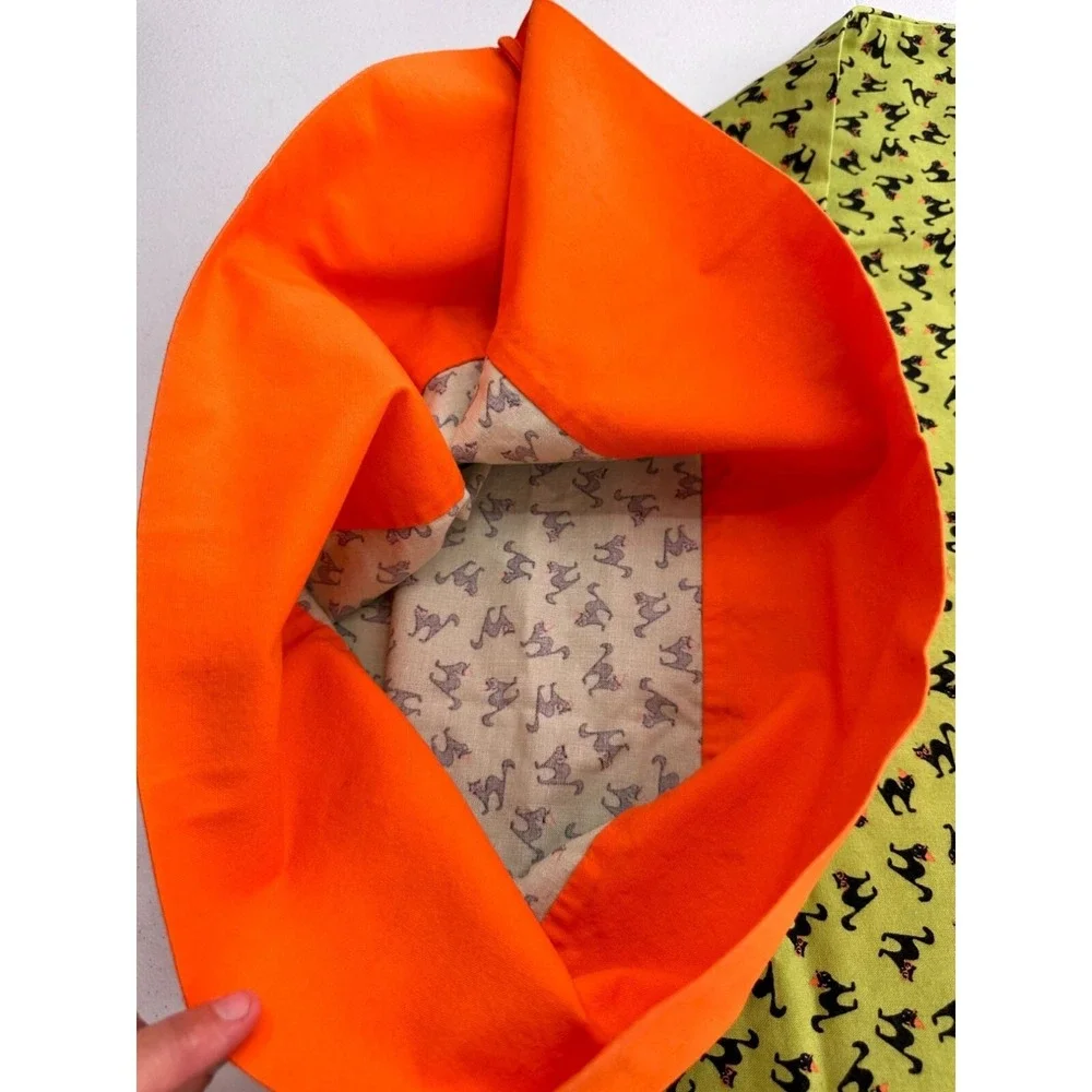 Handmade Halloween Themed Pillowcase Black Cat‎ Pattern Orange Trim 30x18 Case